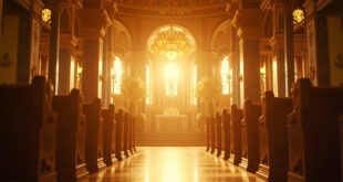 Ornate Venetian church interior at golden hour, decorated with white flowers and bathed in golden light, awaiting a wedding ceremony