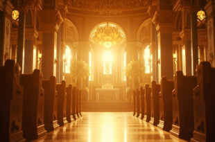 Ornate Venetian church interior at golden hour, decorated with white flowers and bathed in golden light, awaiting a wedding ceremony