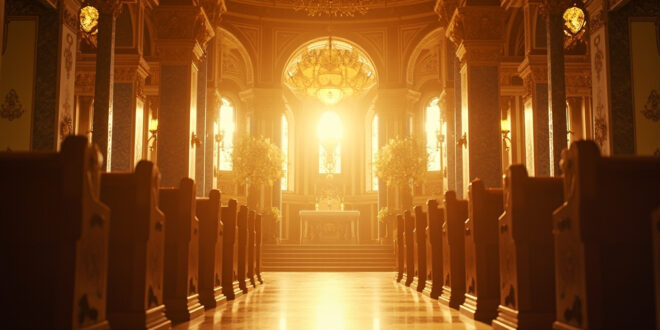 Ornate Venetian church interior at golden hour, decorated with white flowers and bathed in golden light, awaiting a wedding ceremony