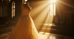 Handcrafted Italian lace wedding gown displayed on mannequin in empty Venetian church, illuminated by golden light
