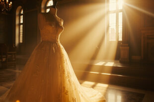 Handcrafted Italian lace wedding gown displayed on mannequin in empty Venetian church, illuminated by golden light