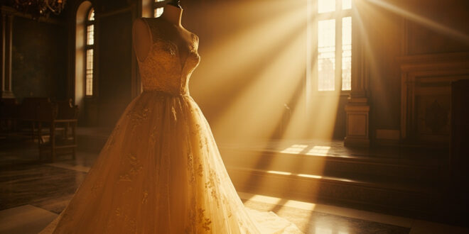 Handcrafted Italian lace wedding gown displayed on mannequin in empty Venetian church, illuminated by golden light