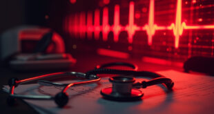 Stethoscope resting on heart rhythm chart in quiet medical office with monitor display showing cardiac activity
