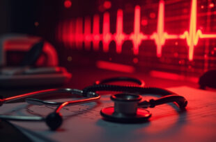 Stethoscope resting on heart rhythm chart in quiet medical office with monitor display showing cardiac activity
