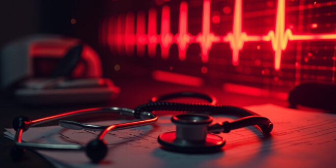 Stethoscope resting on heart rhythm chart in quiet medical office with monitor display showing cardiac activity