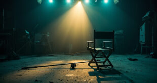 Abandoned fishing rod resting beside empty director's chair in television studio with equipment and dramatic lighting