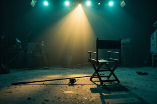 Abandoned fishing rod resting beside empty director's chair in television studio with equipment and dramatic lighting