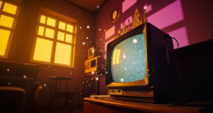 Vintage television emitting star-shaped sparkles in a 1960s living room with birthday decorations and period furniture