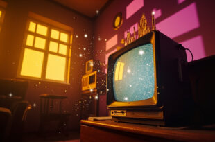 Vintage television emitting star-shaped sparkles in a 1960s living room with birthday decorations and period furniture