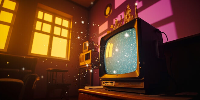 Vintage television emitting star-shaped sparkles in a 1960s living room with birthday decorations and period furniture