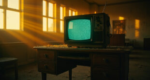 Retro TV displaying static on wooden desk in abandoned 1970s police station office with warm amber lighting.