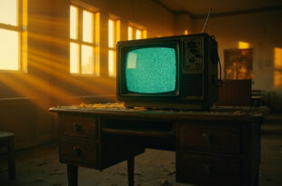 Retro TV displaying static on wooden desk in abandoned 1970s police station office with warm amber lighting.