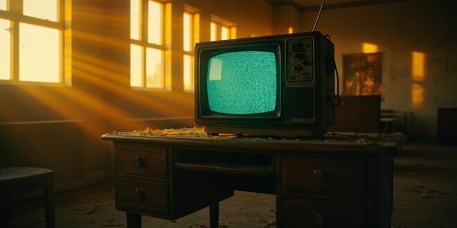 Retro TV displaying static on wooden desk in abandoned 1970s police station office with warm amber lighting.