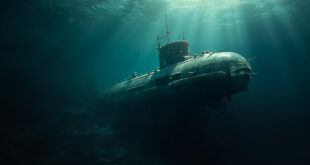 Abandoned submarine surfacing from the dark ocean depths, empty periscope breaking the surface in steel gray and deep blue.