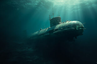 Abandoned submarine surfacing from the dark ocean depths, empty periscope breaking the surface in steel gray and deep blue.