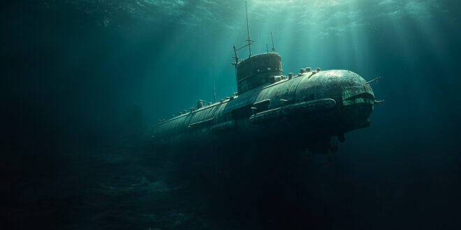 Abandoned submarine surfacing from the dark ocean depths, empty periscope breaking the surface in steel gray and deep blue.