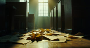 Empty courtroom with scattered legal documents on judge's bench awaits verdict in abandoned courthouse interior.