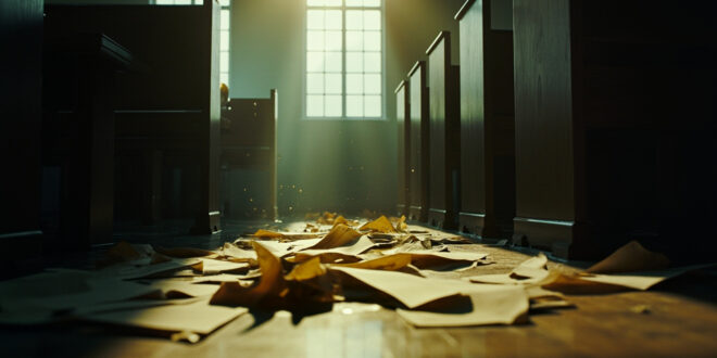 Empty courtroom with scattered legal documents on judge's bench awaits verdict in abandoned courthouse interior.