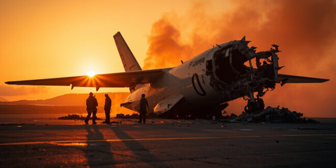 Abandoned aircraft wreckage with damaged wing on empty runway at dusk, metallic debris illuminated by fading light