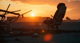 Lone undamaged airplane seat surrounded by aircraft debris on abandoned runway at dusk, illuminated by orange flames