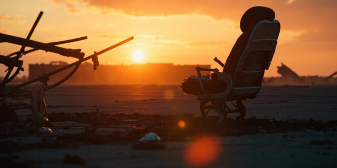 Lone undamaged airplane seat surrounded by aircraft debris on abandoned runway at dusk, illuminated by orange flames