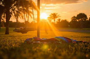 Empty playground equipment bathed in golden sunset light at a Dubai park, with abandoned picnic blanket visible on grass