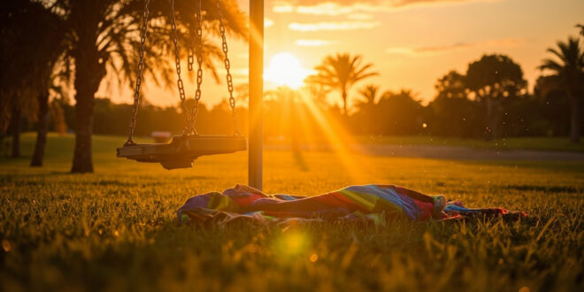 Empty playground equipment bathed in golden sunset light at a Dubai park, with abandoned picnic blanket visible on grass