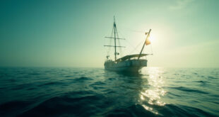 Abandoned sailing vessel with lowered flag drifts at maritime boundary in empty Mediterranean waters at dawn