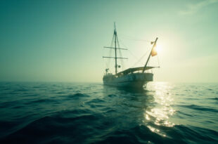 Abandoned sailing vessel with lowered flag drifts at maritime boundary in empty Mediterranean waters at dawn