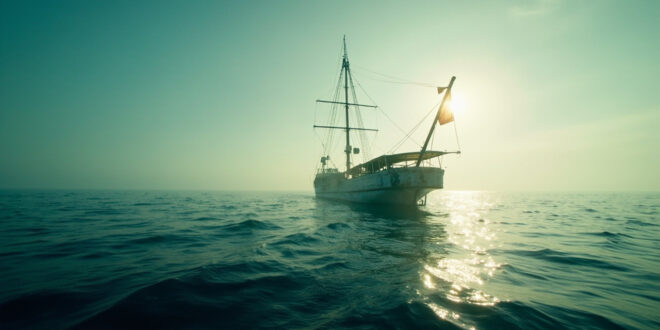 Abandoned sailing vessel with lowered flag drifts at maritime boundary in empty Mediterranean waters at dawn