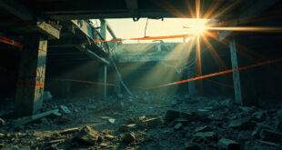 Collapsed concrete roof beams amid abandoned nightclub ruins at dawn, surrounded by gray debris and orange warning tape.