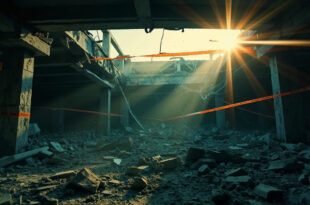 Collapsed concrete roof beams amid abandoned nightclub ruins at dawn, surrounded by gray debris and orange warning tape.