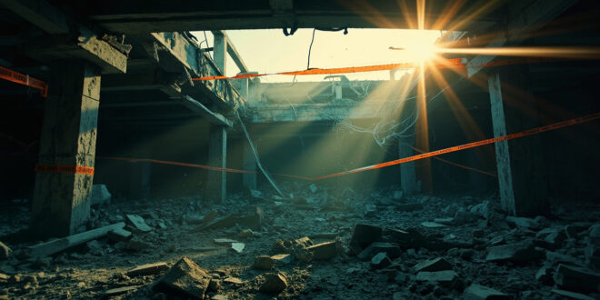 Collapsed concrete roof beams amid abandoned nightclub ruins at dawn, surrounded by gray debris and orange warning tape.