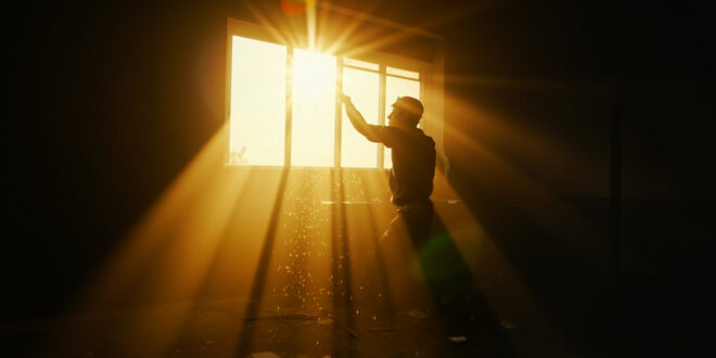 Abandoned urban apartment with sunlight streaming through open window, casting warm golden light against cool shadows.