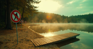 Empty wooden dock with prominent prohibition signs at a deserted forest lake, warning notices against naturism visible