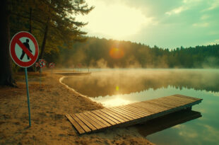 Empty wooden dock with prominent prohibition signs at a deserted forest lake, warning notices against naturism visible