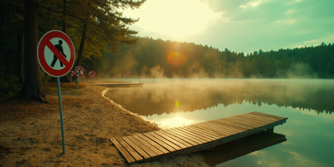 Empty wooden dock with prominent prohibition signs at a deserted forest lake, warning notices against naturism visible