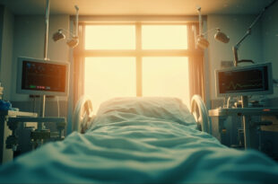 Empty hospital room with medical equipment bathed in golden healing light, suggesting hope in a sterile facility
