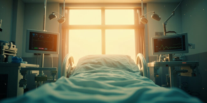 Empty hospital room with medical equipment bathed in golden healing light, suggesting hope in a sterile facility
