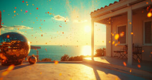 Empty Greek island terrace with glittering disco ball and festive decorations overlooking the turquoise Aegean Sea at sunset