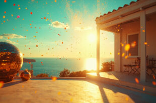 Empty Greek island terrace with glittering disco ball and festive decorations overlooking the turquoise Aegean Sea at sunset