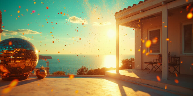 Empty Greek island terrace with glittering disco ball and festive decorations overlooking the turquoise Aegean Sea at sunset