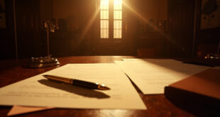 Legal divorce documents scattered across mahogany desk in elegant law office with golden pen resting on petition papers