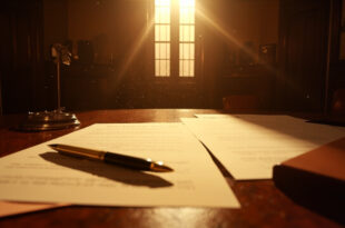 Legal divorce documents scattered across mahogany desk in elegant law office with golden pen resting on petition papers