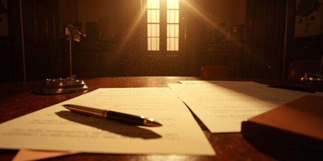 Legal divorce documents scattered across mahogany desk in elegant law office with golden pen resting on petition papers