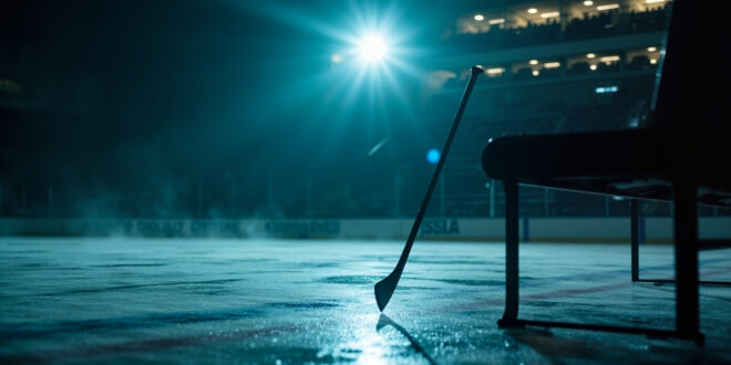 Abandoned hockey stick leaning against empty bench in deserted ice hockey rink at twilight, equipment scattered on ice