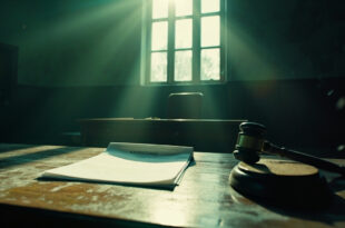 Empty courtroom with judge's gavel and unsigned divorce papers on wooden desk in abandoned government office