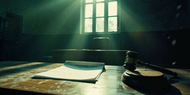 Empty courtroom with judge's gavel and unsigned divorce papers on wooden desk in abandoned government office