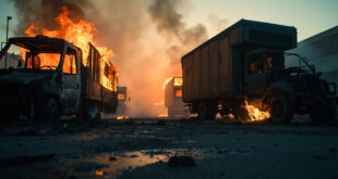 Charred remains of delivery vans in an empty industrial parking lot at dawn following arson attack