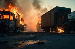 Charred remains of delivery vans in an empty industrial parking lot at dawn following arson attack